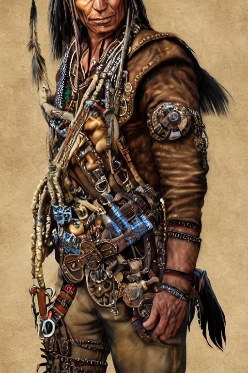 Prompt: deadlands character portrait of a thin native american indian man in his early 3 0 s, wearing traditional cargo buckskin jacket buckskin tactical toolbelt pockets bandolier full of trinket and baubles, steampunk arcane tribal shaman, weird west, by steve henderson, sandra chevrier, alex horley