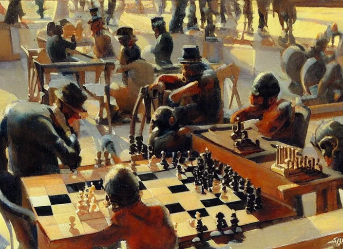 Prompt: a highly detailed beautiful painting of chess played by monkeys, by gregory manchess, james gurney, james jean