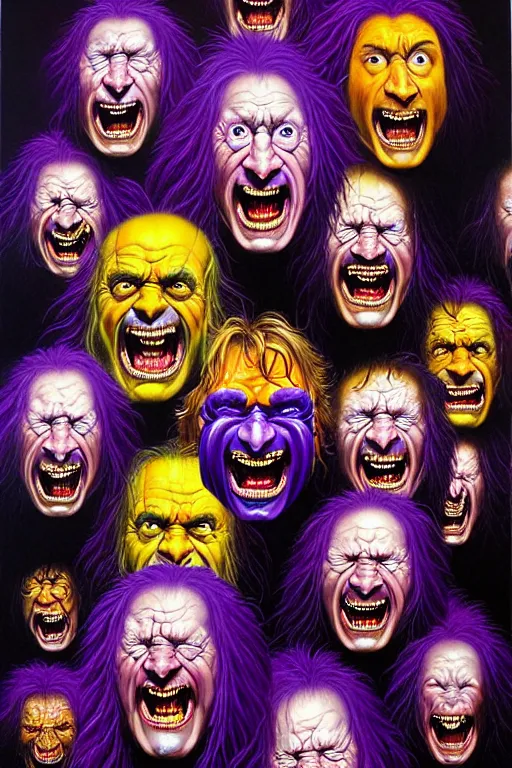 Prompt: hyper realistic painting, heads of braco the gazer floating and laughing maniacally, surrounded by a cobweb of dark purple snakes, by lisa frank, simon bisley, chuck close and richard corben, very intense, depth of field, hyperdetailed, rich deep vivid colours, sharp focus, dramatic lighting