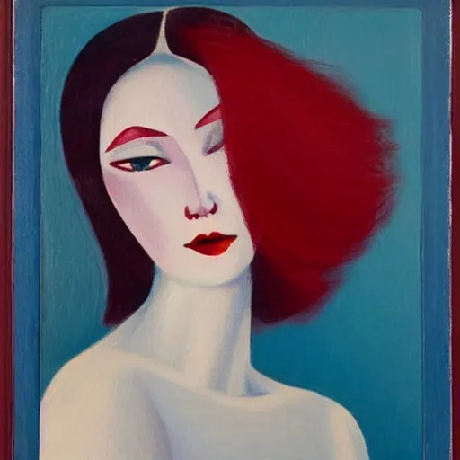 Image similar to Woman model appearance, in the colors of Russian folk art, red hair, coral lips blue shadow, style Edward Hopper