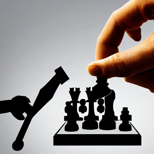 Image similar to a photo, an aggressive robot hand grabbing a human hand over a chess board