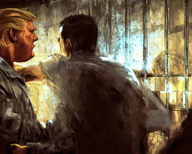 Prompt: portrait of Alex Jones kissing Donald trump wearing prison clothes while prison sittibg in a prison jail cell behind bars, craig mullins, vibrant color, octane