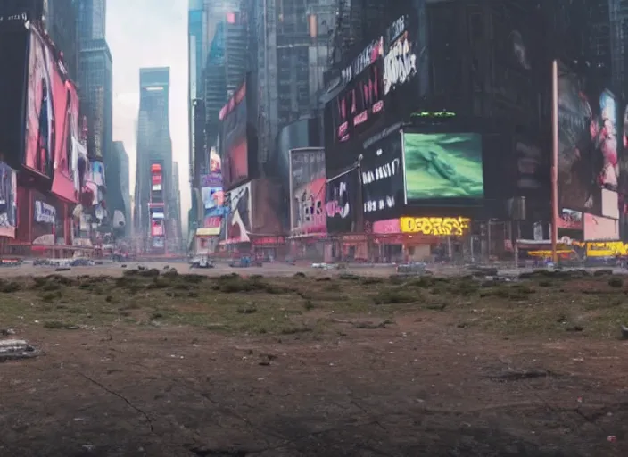 Image similar to film still of post apocalyptic empty time square at midnight, overgrown with wildlife walking through in the new sci - fi movie, 8 k