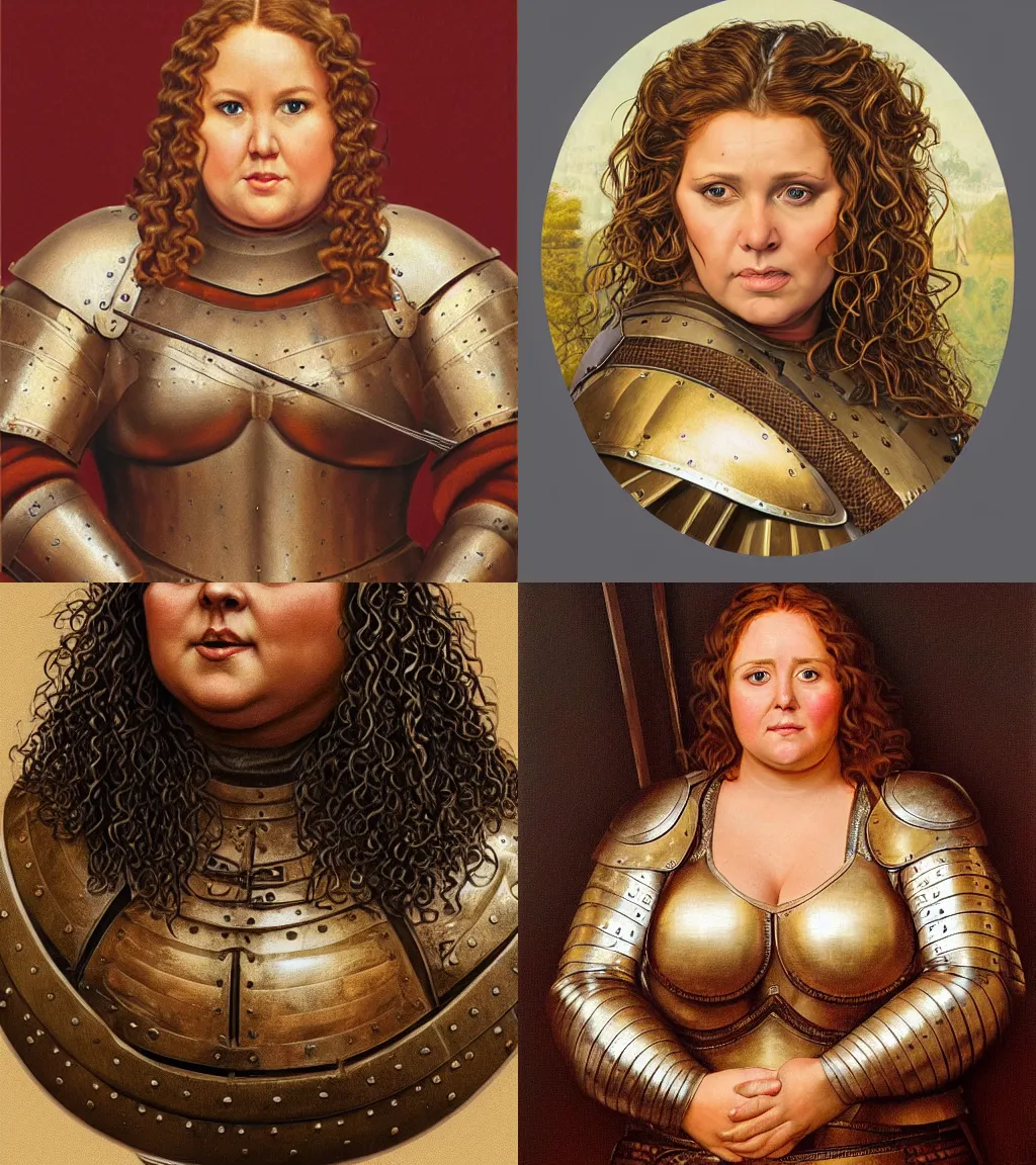 Prompt: portrait of a strong and chubby medieval woman wearing breastplate armor, round and robust body woman | intricated | long wavy soft curly hair | hyper realistic | artstation | portrait by johfra bosschart and jeff easley