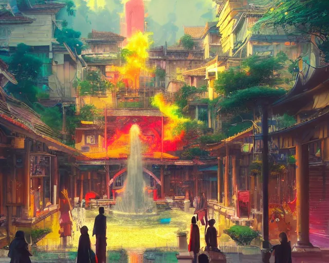 Prompt: great, colorful kitsune city, bamboo, fountain, anime, a fantasy digital painting by Greg Rutkowski and James Gurney, trending on Artstation, highly detailed