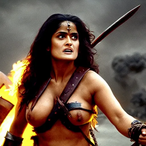 Image similar to salma hayek as a barbarian warrior, battle scene