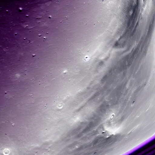 Image similar to close - up of a purple planet from the space with a moon, seas mountains and clouds on its surface,