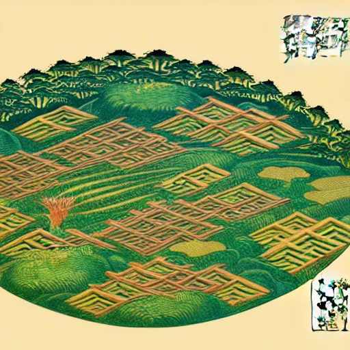 Prompt: 3d isometric botanical illustration of a human settlement in the circular forest besides the mountain, diego rivera in Ukiyo-e style, HD