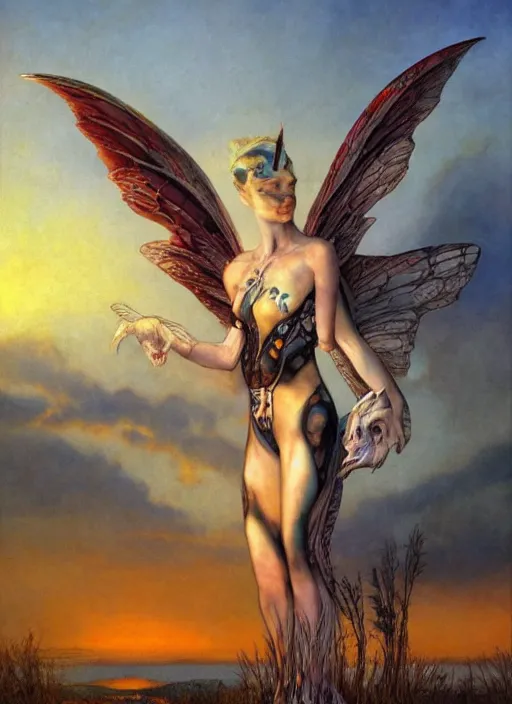 Prompt: fairy cow with wings and magical eyes! sunset by gerald brom, by mikhail vrubel, by peter elson, muted colors, extreme detail, trending on artstation, 8 k