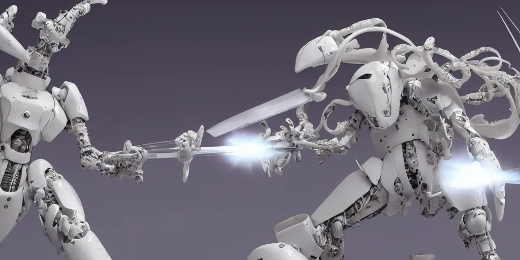 Image similar to 3d render of a white guardian from sidonia no kishi with a kabizashi lance in melee combat with a horrifying tentacles monster in empty stellar space, 150mm, white metallic, wires, microchip, japanese mecha style, highly detailed, white robot, rim light, flashy red lights, tsutomu nihei style