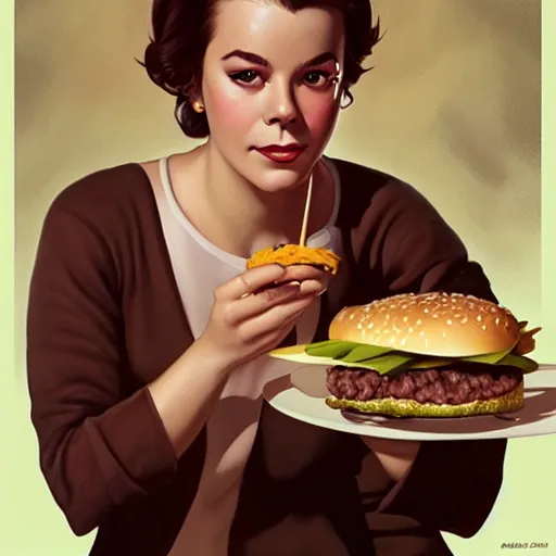 Prompt: portrait of natalie wood eating hamburgers, extra onions and ketchup, luscious patty with sesame seeds, feminine ethereal, handsome, d & d, fantasy, intricate, elegant, highly detailed, digital painting, artstation, concept art, matte, sharp focus, illustration, art by artgerm and greg rutkowski and alphonse mucha