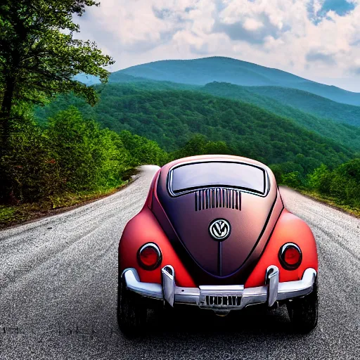 Image similar to promotional scifi - blockbuster movie scene of a ladybug ( volkswagen beatle ) hybrid, flying down a dusty backroad in smokey mountains tennessee. cinematic, muted dramtic color, 4 k, imax, 7 0 mm, hdr