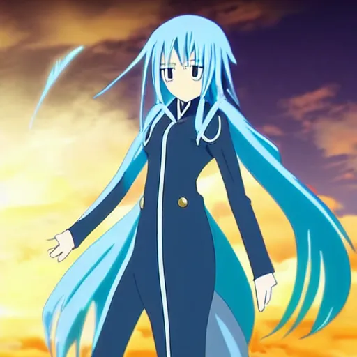 Image similar to rimuru tempest from that time i got reincarnated as a slime wearing a black trench coat, standing heroically beneath the sun, low - angle shot, art nouveau