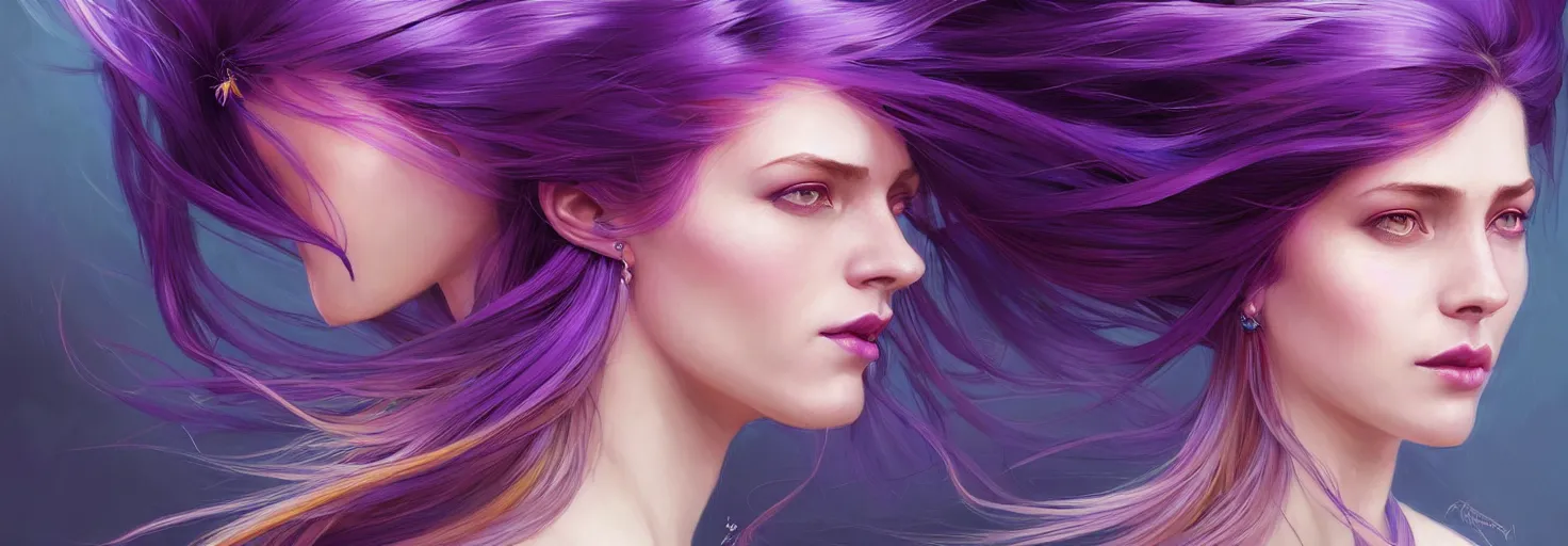 Prompt: Portrait of a woman with bright colored flying hair, all shades of purple. Hair coloring, amber eyes, face, long hair, fantasy, intricate, elegant, highly detailed, digital painting, artstation, concept art, smooth, sharp focus, illustration, art by artgerm and greg rutkowski and alphonse mucha