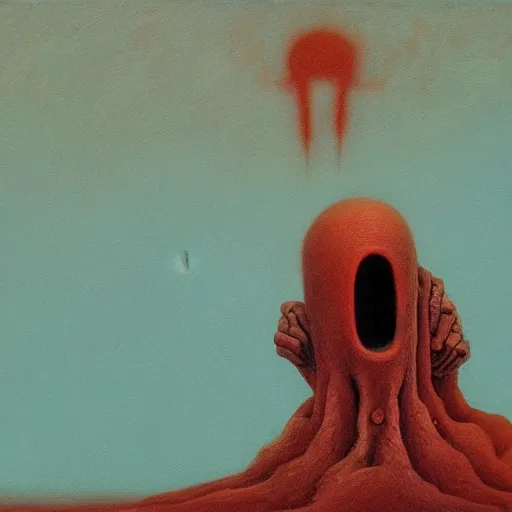 Image similar to Painting in a style of Beksinski featuring a giant alien crying. Pain and suffering in the background