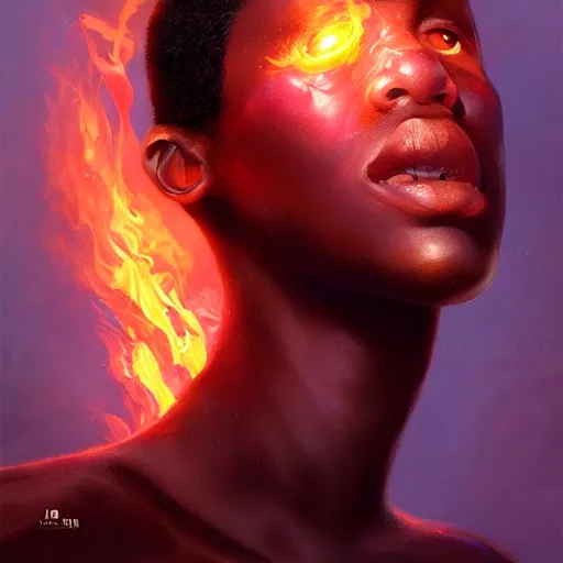 Image similar to a beautiful portrait of a flame god by Jim Burns and Tom Bagshaw, black skin, Trending on Artstation, Flaming Background