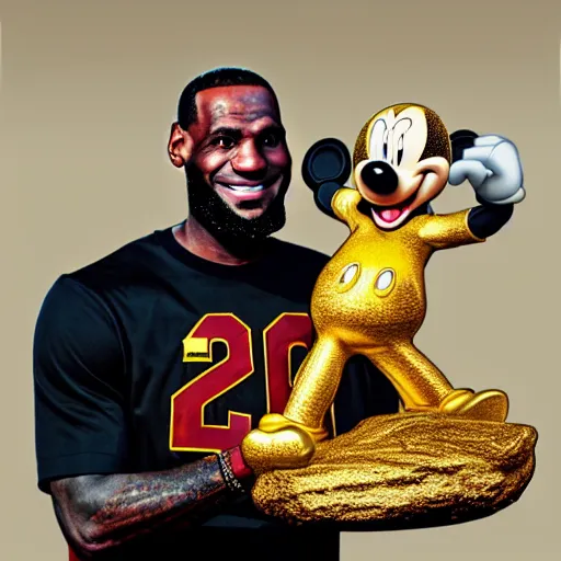 Prompt: Lebron James holding a statue of mickey mouse digital art