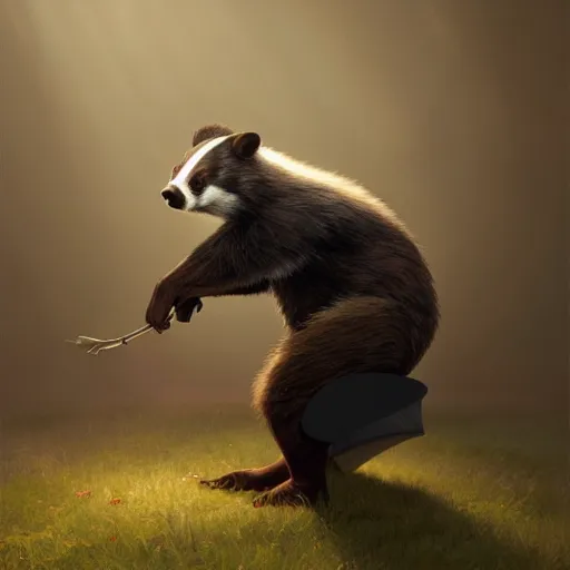 Image similar to a badger with a hat, centered full body pose, zenith angle, shadowy area, dramatic lighting, concept art, digital painting, Unreal Engine 5, 8K, art by artgerm and Greg Rutkowski and Alphonse Mucha