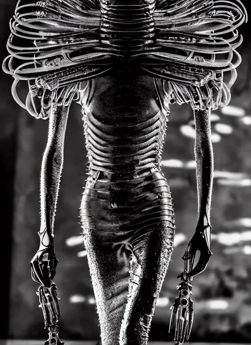 Prompt: walking down the catwalk, steven klein, show, stage, vogue photo, podium, fashion show photo, iris van herpen, beautiful woman, full body shot, helmet on face, masterpiece, plant predator, giger, guyver, jellyfish, biomechanical details, tarkovsky, movie still, fauvism, cinestill, bokeh, gelios lens