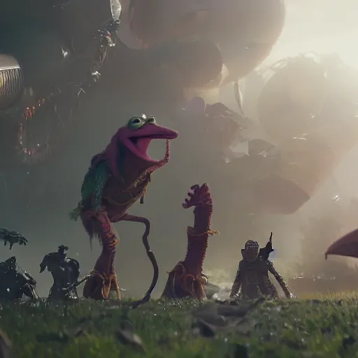 Image similar to a still of kermit the frog in avengers movie, cory loftis, fenghua zhong, ryohei hase, ismail inceoglu and ruan jia. volumetric light, detailed, octane render, horizon zero dawn