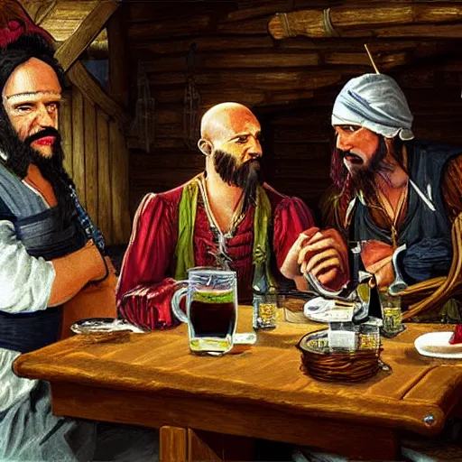 Image similar to Three important pirates drinking grog in a tavern table 16 bit computer art