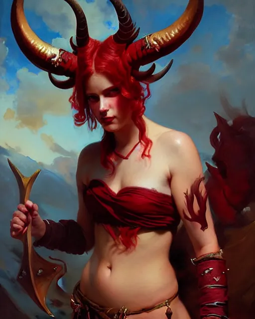 Image similar to painted close - up portrait of an attractive red - skinned intimidating demon girl with ram horns. oil painting, wearing a noblewoman's outfit, fantasy art by greg rutkowski and john singer sargent and gaston bussiere, demon noble character design