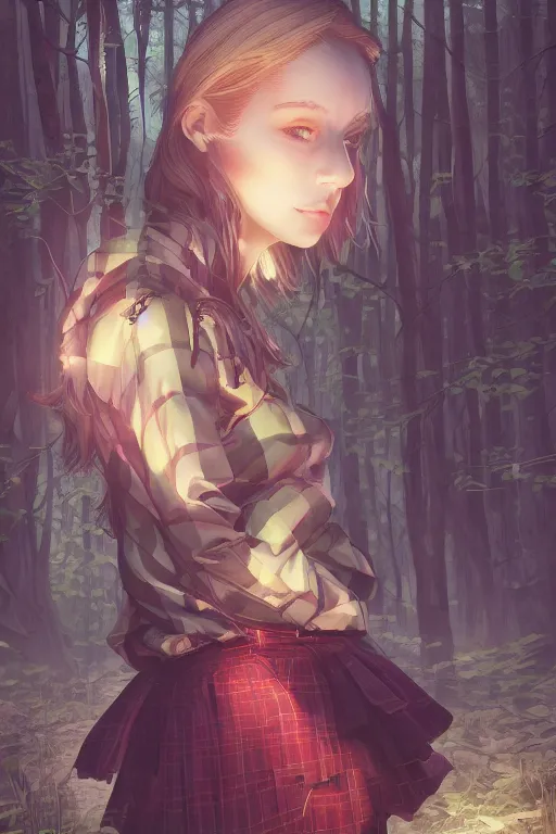 Prompt: woman in a dark forest, detailed plaid miniskirt, beautiful realistic face, detailed eyes, trending on artstation, by dan mumford, anime style, octane render, beautiful detailed body