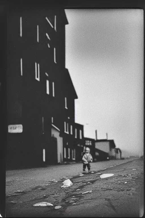 Image similar to photo polaroid of a sad and lonely child on a street in Greenland , melting ice, loneliness, black and white ,photorealistic, 35mm film,