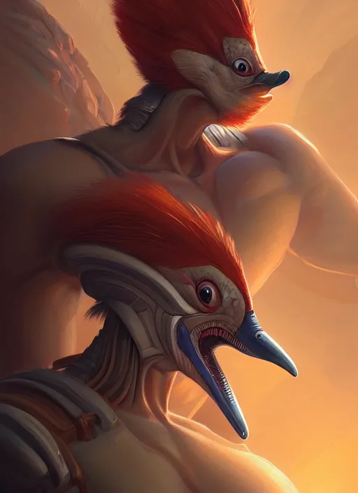 Prompt: portrait of aggressive woody the woodpecker, d & d, muscular! spaceship, alien technology, intricate, elegant, highly detailed, digital painting, artstation, concept art, smooth, sharp focus, illustration, art by artgerm and greg rutkowski and alphonse mucha