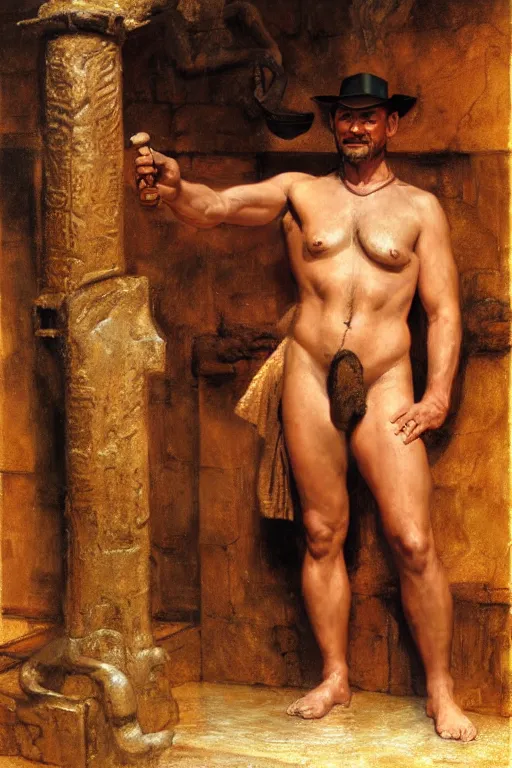 Prompt: indiana jones at a roman bathhouse, painting by, tom of finland, gaston bussiere, craig mullins, j. c. leyendecker