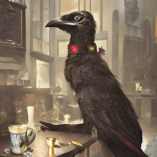 Prompt: anthropomorphic crow in a cafe, highly detailed, digital painting, artstation, concept art, smooth, sharp focus, illustration, art by artgerm and greg rutkowski and alphonse mucha