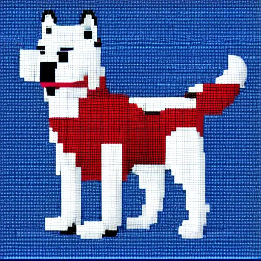 Prompt: husky dog in a dress shirt, pixel art, blue and red gradient background