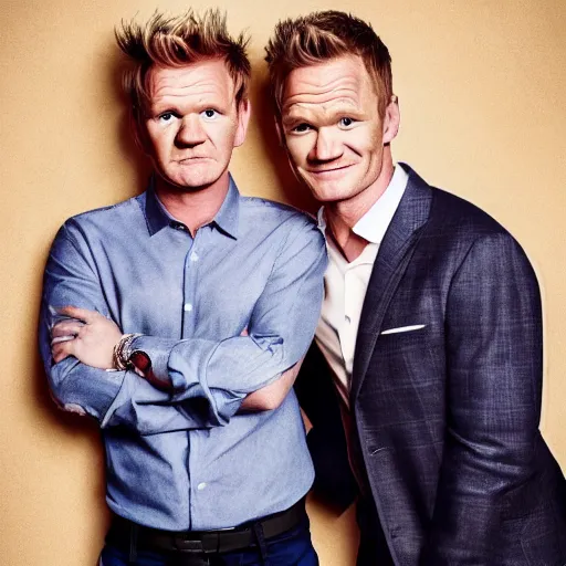 Image similar to photoshoot of gordon ramsay and neil patrick harris as father and son, vogue magazine, hyper realistic, dramatic light, photo studio,