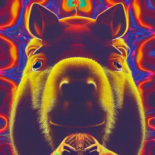 Image similar to portrait of a capybara in the movie fear and loathing in las vegas, extremely detailed, psychedelic, trippy, digital painting, centered, cinematic lighting, vertical symmetry, trending, artstation