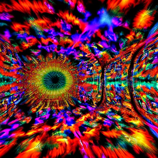 Image similar to underground cinema, psychedelic, colorfull lights, fractals, godrays