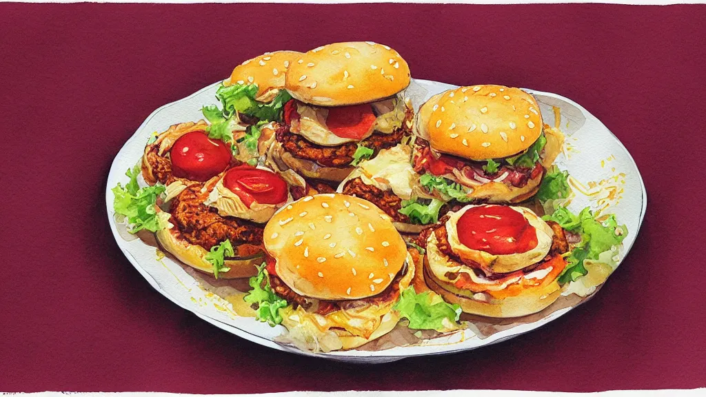 Prompt: a plate with cheeseburguers, kseniia yeromenko, rob duenas, watercolor, illustration, red background, highly detailed