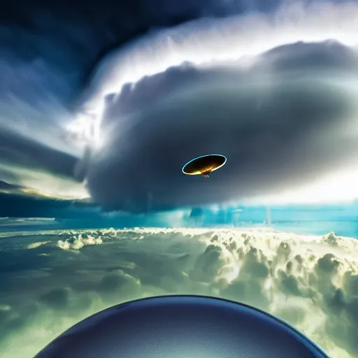 Prompt: 4 k fish eye shot, ufo in the middle of two clouds, thunderstorm background