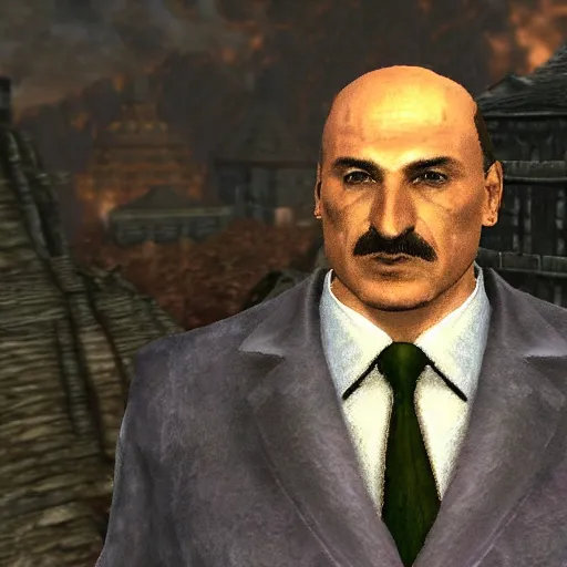 Image similar to Alexander Lukashenko wearing a suit and tie in Balmora in Elder Scrolls III: Morrowind, outdated 2002 Morrowind graphics, low definition, lowpoly