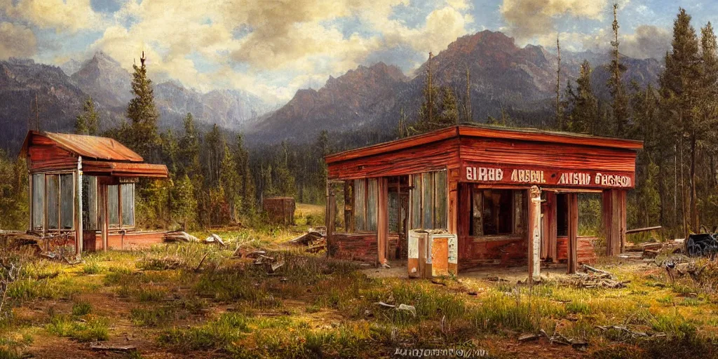 Image similar to an abandoned old rusty American gas station in Colorado mountains, oil painting, highly detailed, artwork, in style of Albert bierstadt