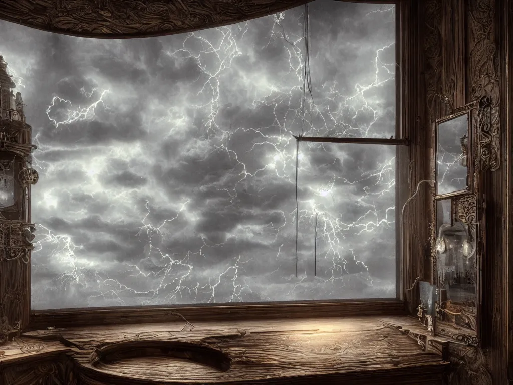 Image similar to richly decorated Victorian modular synthesizer, modern, beautiful, detailed wood, photorealistic, photorealism, lightning, clouds, the winter light comes in through a porthole, volumetric fog