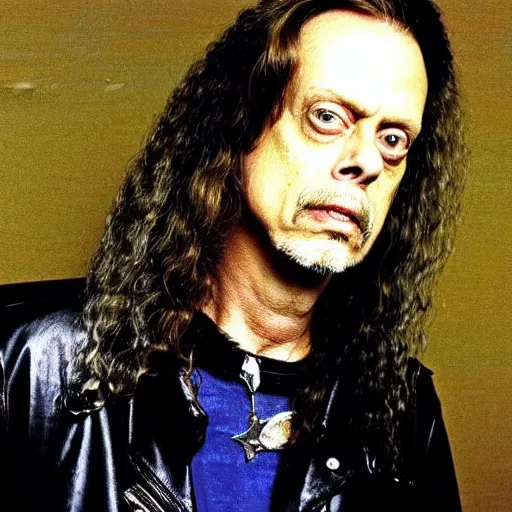 Prompt: Steve Buscemi as an 80s metal singer with long hair on an album cover, black leather, retro, Metallica, david lee Roth, brain may