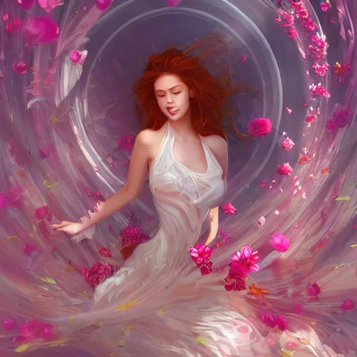 Image similar to Ginger woman in a swirling sundress of flowers, underwater, floral explosion, radiant light, vortex of plum petals, by WLOP and artgerm, artstation, deviantart