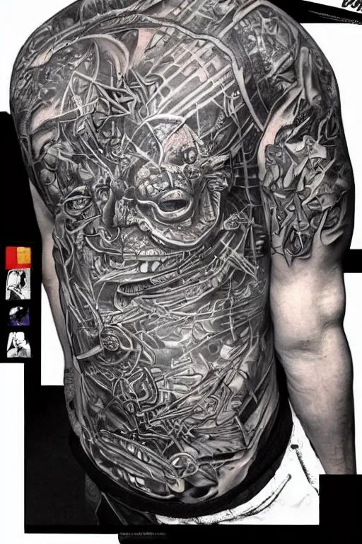 Prompt: Photorealistic Portrait of frontal standing pose torso of a very attractive buffed Bill Burr heavily tattooed. all his skin is covered by Mayans tattoos, surrounded by magic lightings overlays, Intricate, concept art, magic lighting overlays, magical portal opened, D&D!, fantasy style, sharp focus!, ultra detailed, art by Artgerm and Peter Andrew Jones, WLUP, Magali Villeneuve