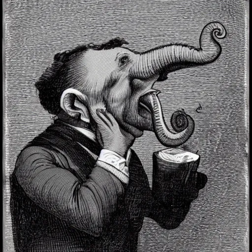 Prompt: Man from Victorian England scream at an Elephant