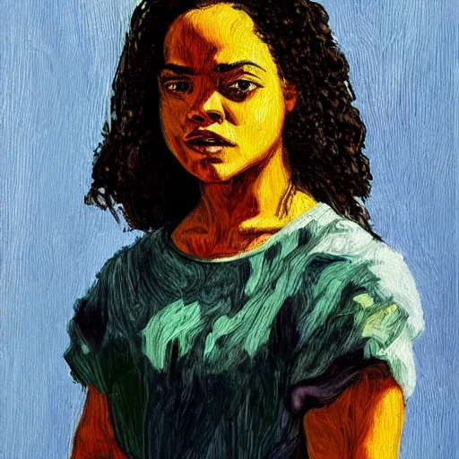 Image similar to Portrait of Tessa Thompson in the style of the Van Gough self portrait