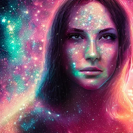 Image similar to woman portrait made out of galaxies, highly detailed, beautiful, realistic, epic comic book art, improbable, octane render