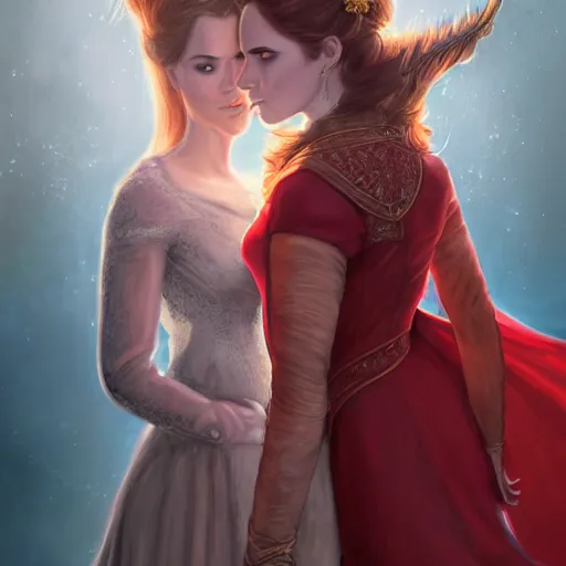 Image similar to a beautiful and detailed illustration of a lesbian wedding between emma watson as an evil pyromancer and scarlet johansson as a red mage, dark eyeliner, highly detailed, digital painting, unholy union, white church background, god rays, volumetric lighting, octane render, 4 k resolution, trending on artstation, masterpiece, in a luminist baroque style