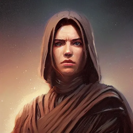 Image similar to portrait of a woman by greg rutkowski, jedi knight allana solo, straight brown hair, jedi robes, star wars expanded universe, she is about 2 0 years old, wearing jedi robes, highly detailed portrait, digital painting, artstation, concept art, smooth, sharp foccus ilustration, artstation hq