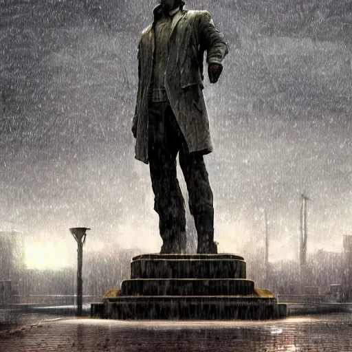 Prompt: a highly detailed epic cinematic concept art CG render digital painting artwork: close up of a melted socialist monument in the rain. Soviet, gloomy, night. By Greg Rutkowski, Ilya Kuvshinov, WLOP, Stanley Artgerm Lau, Ruan Jia and Fenghua Zhong, trending on ArtStation, made in Maya, Blender and Photoshop, octane render, excellent composition, cinematic atmosphere, dynamic dramatic cinematic lighting, aesthetic, very inspirational, arthouse