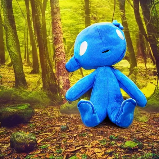 Image similar to blue snappy gifts mascot from snappy. com as plush doll in magical forest, gifts, dark atmosphere, high detail, soft lighting, 8 k